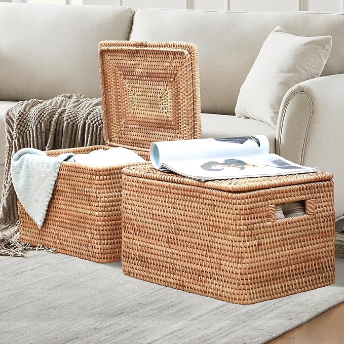 Rattan Basket With Lid, Large Lidded Basket For Storage(15.75" L×14.17" W×11.81" H)