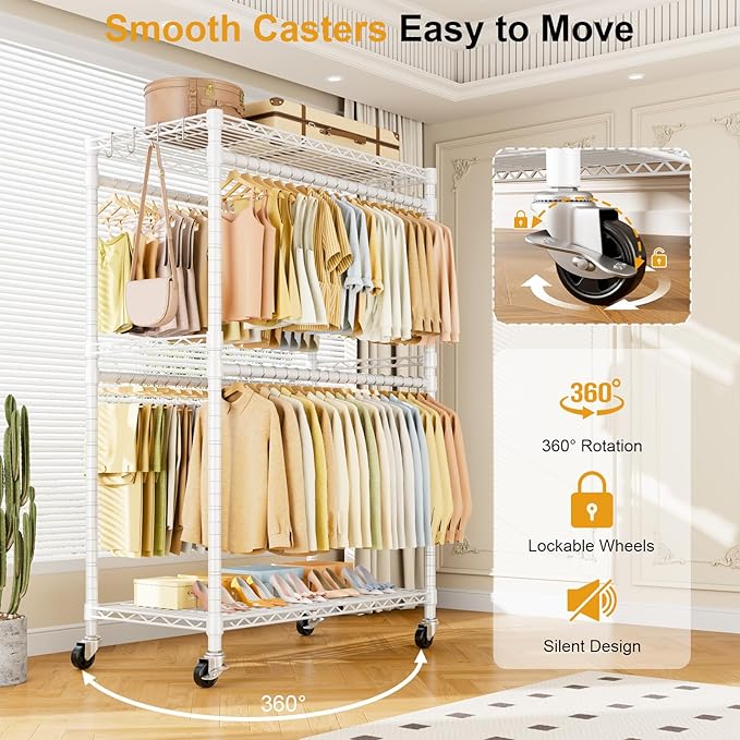 P4 Plus Rolling Clothes Rack Heavy Duty, Clothing Racks for Hanging Clothes, Free Standing Garment Racks with Wheels, Portable Closet Rack 45''W × 20.5''D × 80.5''H, Max Load 570 Lbs, White