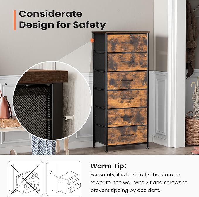Crestlive Products Vertical Dresser Storage Tower - Sturdy Steel Frame, Wood Top, Easy Pull Fabric Bins- Organizer Unit for Bedroom, Hallway, Entryway, Closets - 6 Drawers (Rustic Brown)