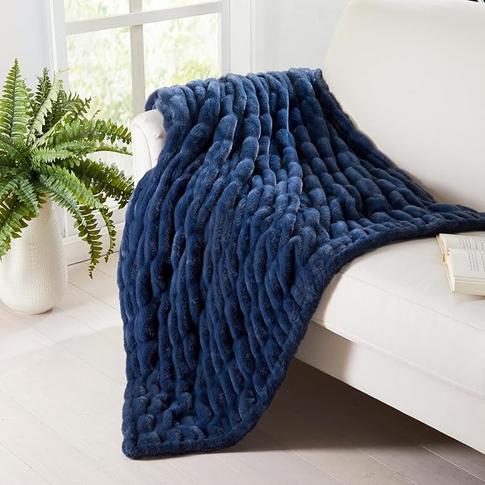 Springtree Home | Luxury Plush Throw Blanket |Dark Blue Throw Blanket | Perfect Blanket for Couch Year Round | Fluffy Micro Fleece | Lily Collection - Midnight
