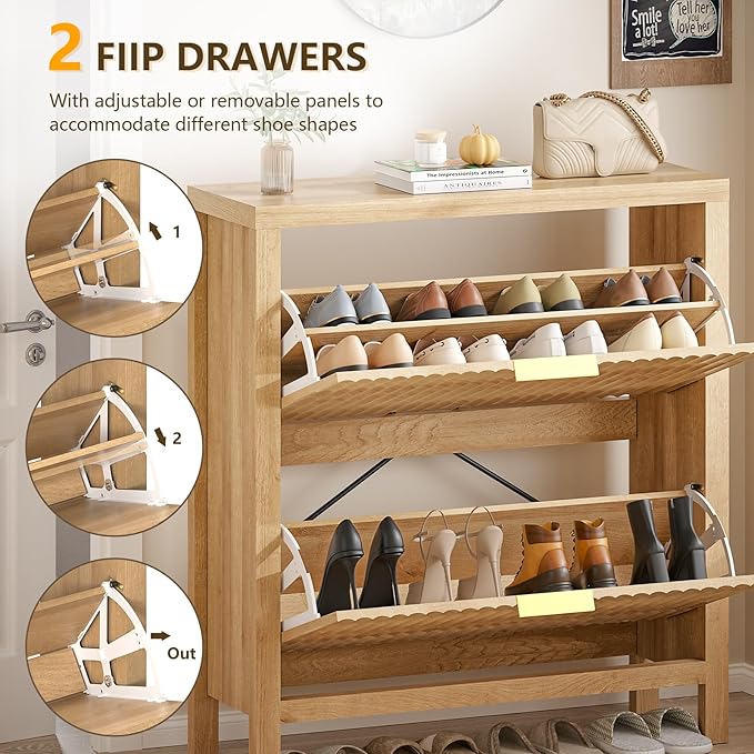 Shoe Cabinet Storage for Entryway, Fluted Shoe Cabinet with 2 Flip Drawers, Hidden Shoe Rack Tall Freestanding Shoe Organizer with Legs for Hallway, Wood