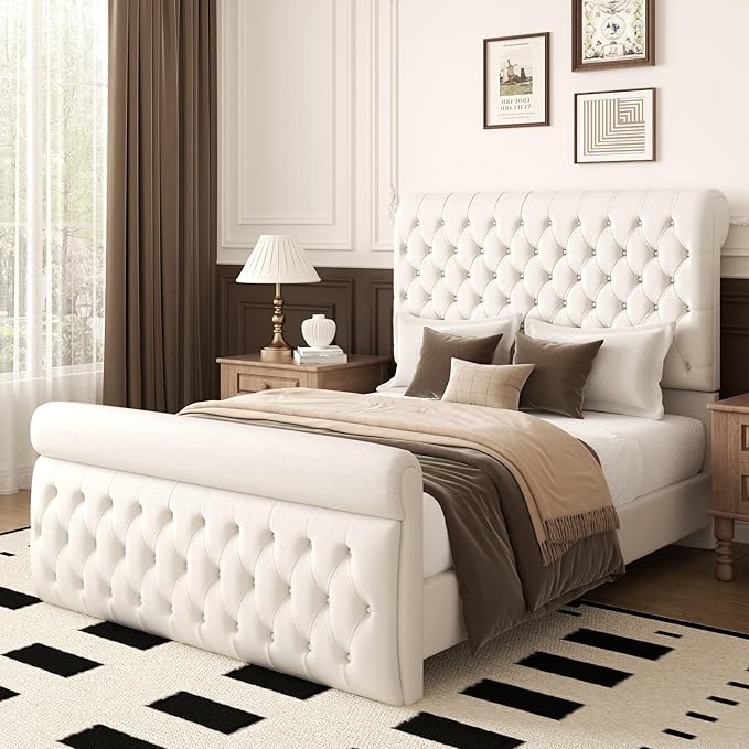 57.5" Tall Queen Size Upholstered Bed Frame with Rolled Headboard and Footboard, Plaform Bed Frame with Deep Button Tufting, Soft Chenille Fabric, Noise Free, No Spring Box Needed, Beige