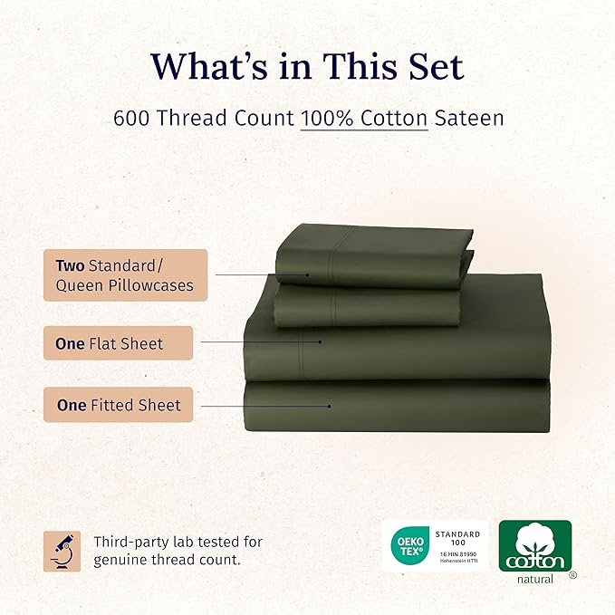 California Design Den Full Size Bed Sheets Cotton Set - Luxury 600 Thread Count 100% Cotton Sateen, Full Size Bed Sheets Cooling Set with Deep Pockets, Hotel Quality Sheets - Olive Green
