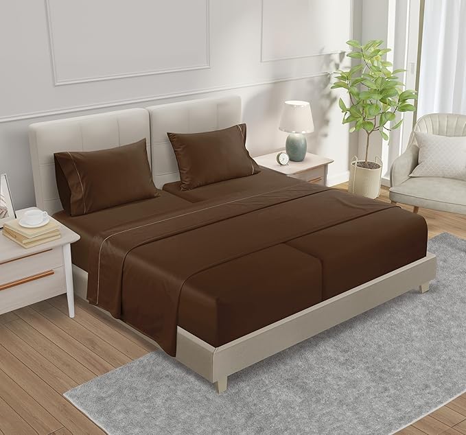 100% Cotton Sheets Split King Size Sheets Set with Fitted Sheet & Pillowcase Sets, 800 TC Sateen Weave 4 PC Deep Pocket Split King Sheet Set, Soft & Comfy Naturally Cool Luxury Bedding – Chocolate