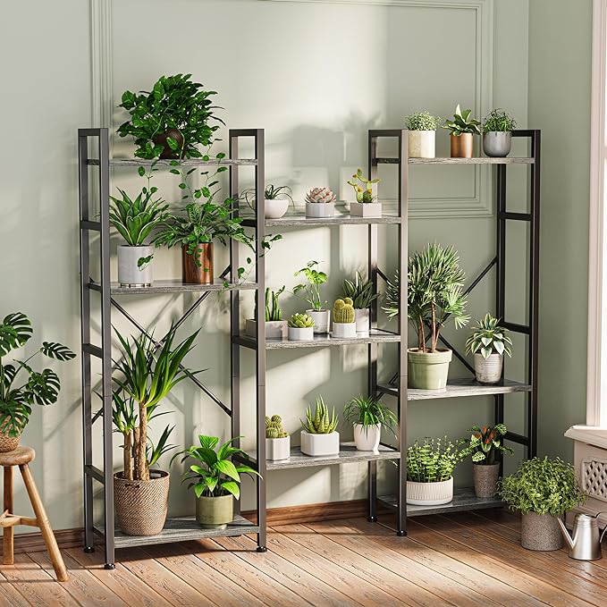 SUPERJARE Triple 4 Tier Bookshelf, Bookcase with 11 Open Display Shelves, Wide Book Shelf Book Case for Home & Office, Grey