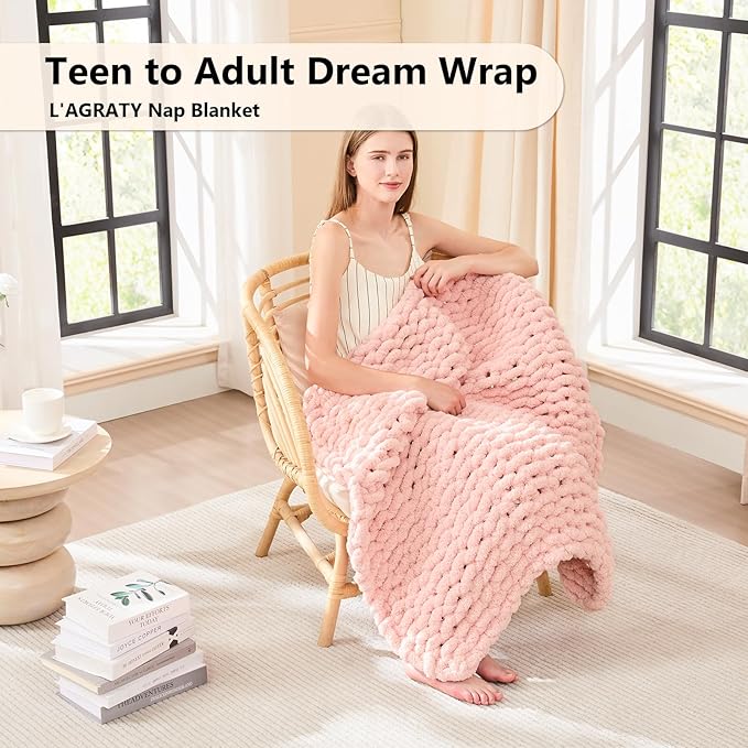 L'AGRATY Chunky Knit Blanket Throw - Soft Chenille Yarn Throw Blankets 30x40：Handmade Thick Cable Knit Crochet Blanket - Large Knit Chunky Rope Knot Throw Blankets for Couch Sofa Bed Home Decor