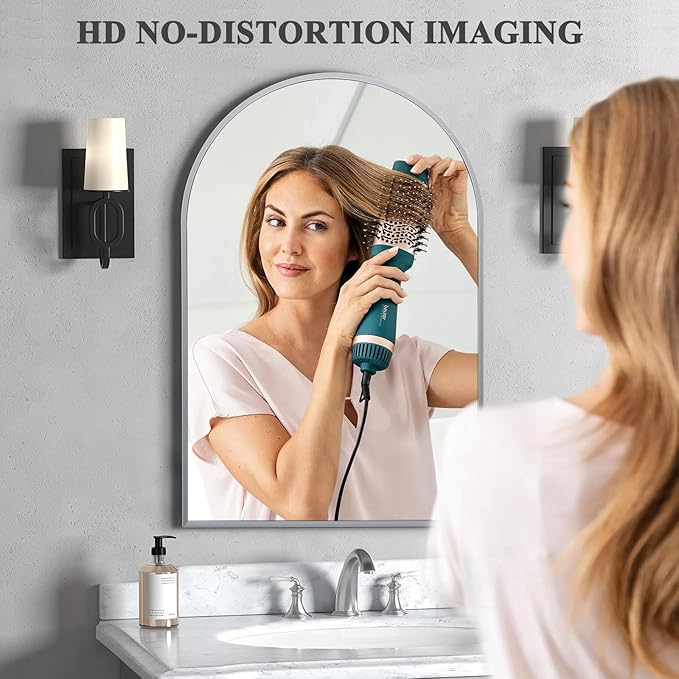 24" x 36" Silver Arched Mirror, Modern Aluminum Alloy Metal Frame, Arch Bathroom Vanity and Wall Decor Mirror for Bathroom, Living Room, Bedroom, Entryway