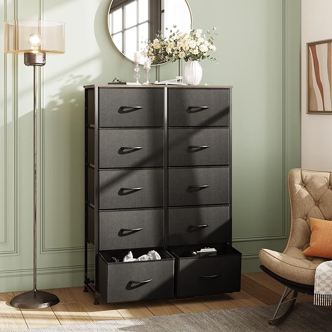 WLIVE Tall Black Dresser for Bedroom with 10 Drawers, Chest of Drawers, Dressers Bedroom Furniture, Storage Organizer Unit with Fabric Bins for Closet, Hallway, Living Room, Entryway