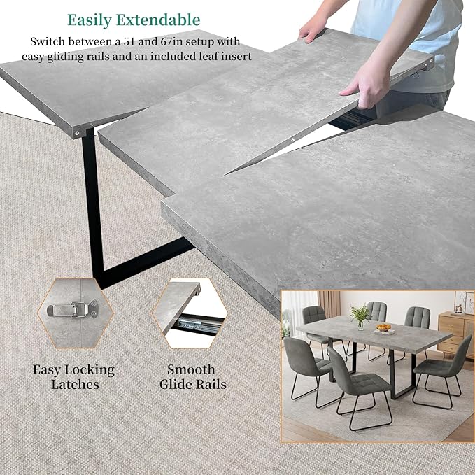ZckyCine 51"-67" Expandable Grey Dining Table, Modern Farmhouse Kitchen Table with Wood Surface & Metal Frame, Rustic Extendable Table for Dining Room, Sturdy & Easy Assembly