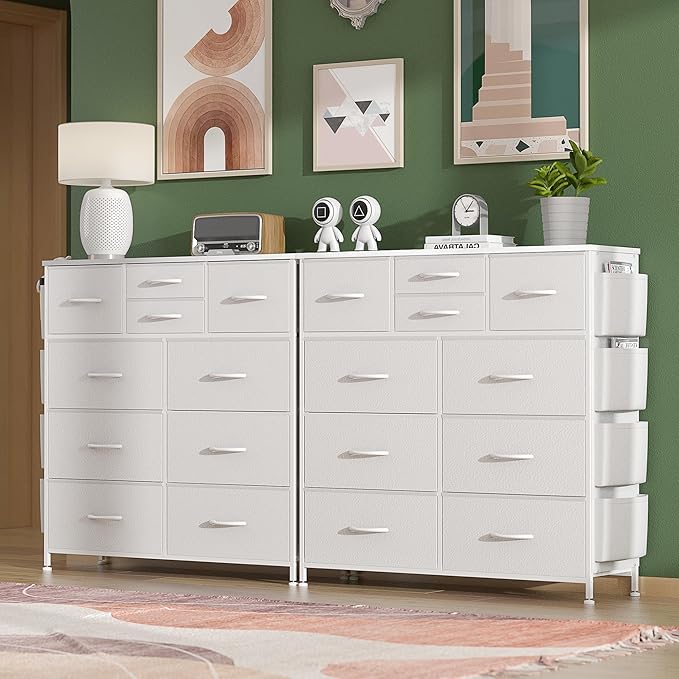Lulive White Dresser for Bedroom with 10 Drawers, Chest of Drawers with Side Pockets and Hooks, PU Storage Dresser, Organizer Unit for Living Room, Hallway, Closet (White)