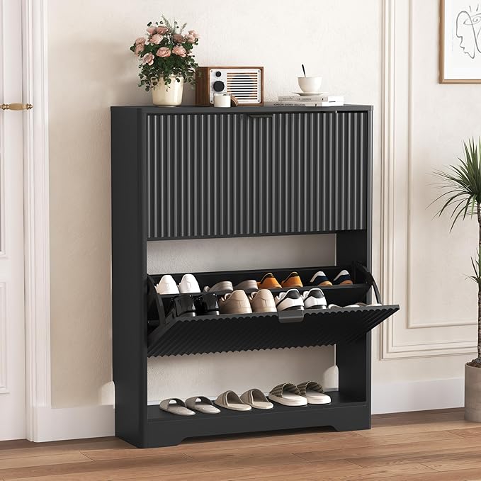Shoe Cabinet Storage for Entryway with 2 Flip Drawers, Black Fluted Shoe Cabinet with Open Storage, Wooden Hidden Shoe Rack Freestanding Narrow Slim Shoes Organizer for Hallway, Entrance