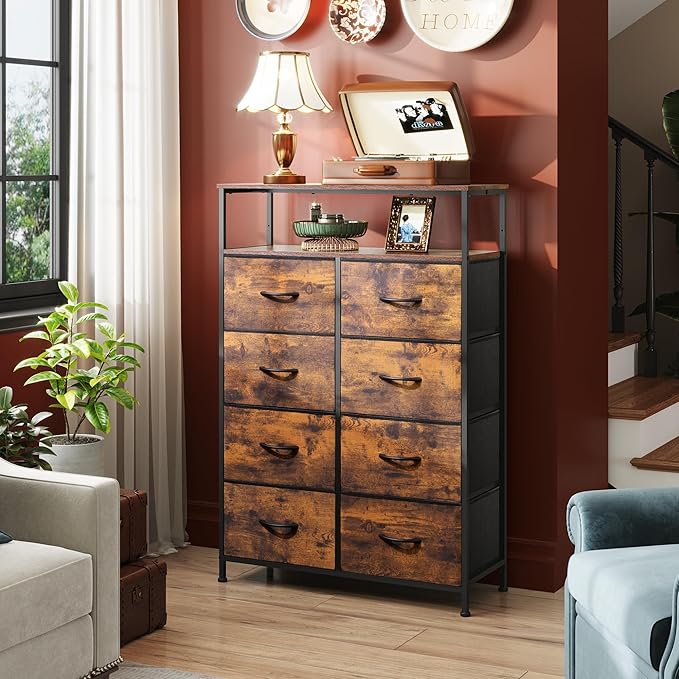 WLIVE Fabric Dresser for Bedroom with Open Shelves, Tall Dresser with 8 Drawers, Storage Tower with Fabric Bins, Chest of Drawers for Closet, Hallway, Rustic Brown Wood Grain Print