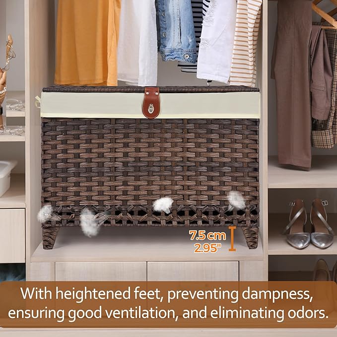 Wicker Storage Basket with Lid,Rattan Shelf Basket with Removable Liner Bag,200L Storage Bin,Storage Trunk with Heightened Feet,Storage Container for Wardrobe,Home Organizer