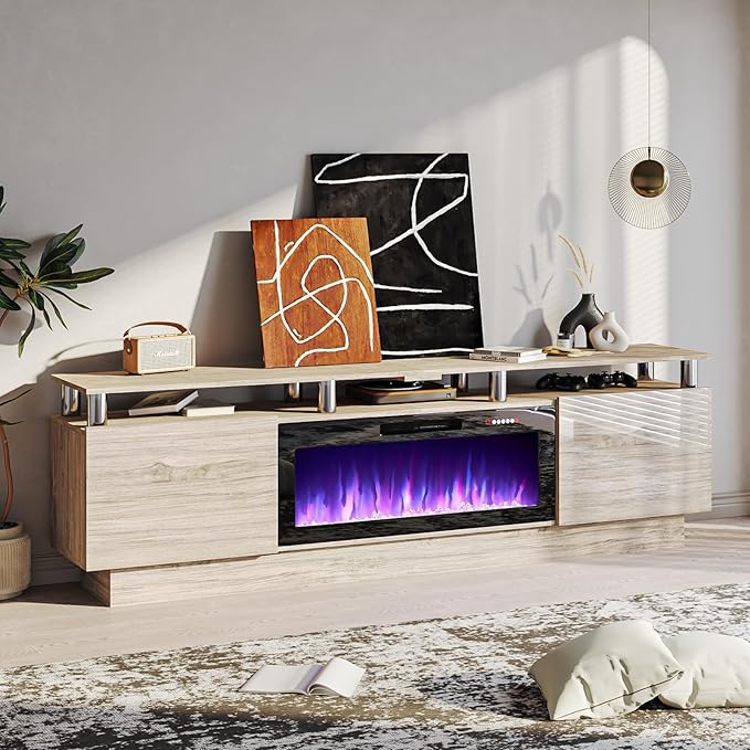 80" Modern Fireplace TV Stand with 36" Electric Fireplace for TVs Up to 90 inch, Luxury LED Light Entertainment Center with High Gloss Cabinet, TV Consoles for Living Room, Grey