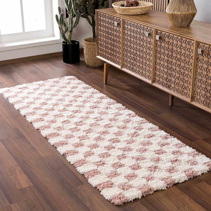 Hauteloom Atira Contemporary Checkered Fluffy Shag Runner Rug - Modern Geometric Carpet Tiles for Hallway, Kids Room - Plush Pile Carpet Squares - Cream, Pink- 2'7" x 10'