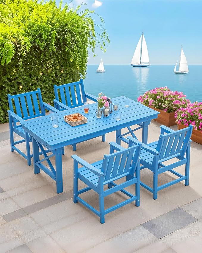 QUASCO 5-Piece Patio Table Set, Outdoor HDPE Dining Furniture Set with Umbrella Hole All Weather Table and 4 Chairs for Lawn, Garden, Poolside, Backyard, Blue