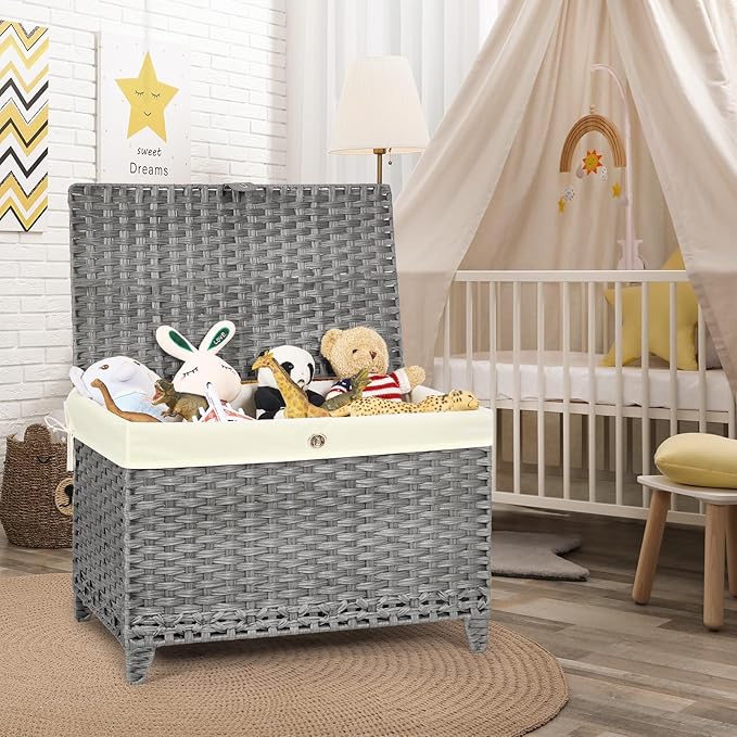 Wicker Storage Basket with Lid,Rattan Shelf Basket with Removable Liner Bag,200L Storage Bin,Storage Trunk with Heightened Feet,Storage Container for Wardrobe,Home Organizer