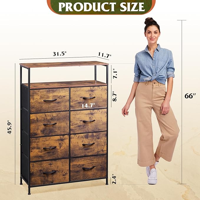 WLIVE Fabric Dresser for Bedroom with Open Shelves, Tall Dresser with 8 Drawers, Storage Tower with Fabric Bins, Chest of Drawers for Closet, Hallway, Rustic Brown Wood Grain Print