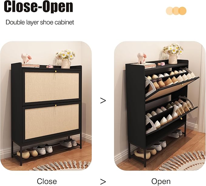 Narrow Shoe Storage Cabinet with 2 Flip Drawers, Freestanding Shoe Organizer Slim Shoe Cabinet Storage, Wooden Closed Shoe Rack for Entryway, Hallway, Living Room, Black