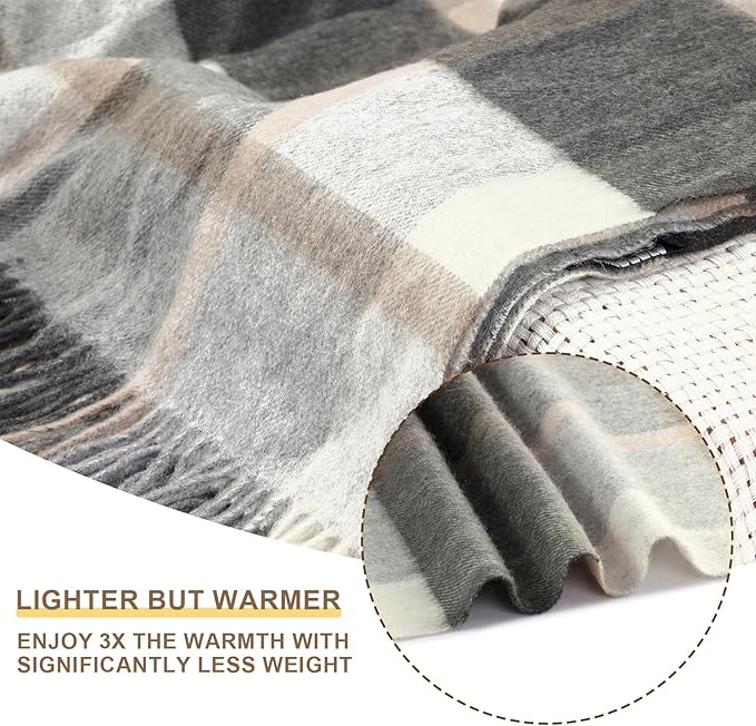 Gray Check Throw Blanket for Couch,100% Wool Throw Blanket for Home Decor, Soft Lightweight Cozy All Season Decorative Vintage Blankets for Travel,Bed, Sofa, Chair, Outdoor 55"x83"/1.5LBS