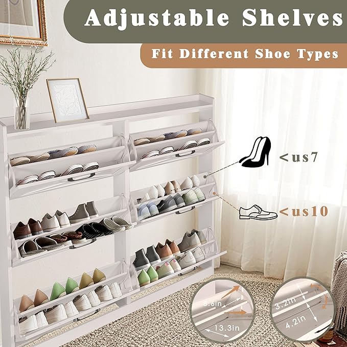 Shoe Cabinet with 6 Flip Drawers, Shoe Storage Cabinet for Entryway, Freestanding Hidden Shoe Cabinet Organizer with Open Storage, Narrow Shoe Rack with Legs, Oak White