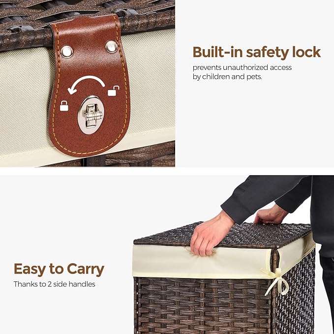 Wicker Storage Basket with Lid,Rattan Shelf Basket with Removable Liner Bag,105L Storage Bin,Storage Trunk with Heightened Feet,Storage Container for Wardrobe,Home Organizer