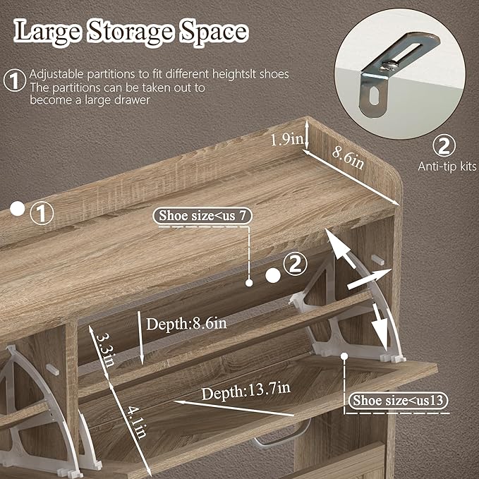 MISHAO Shoe Cabinet Storage for Entryway, Boho Narrow Hidden Shoe Cabinet with 4 Flip Drawers and Metal Legs, Freestanding Slim Shoe Organizer for Entryway, Natural