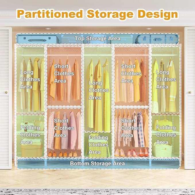 H50C Extra Large Clothes Rack with Cover, Freestanding Portable Closet, Covered Clothing Racks for Hanging Clothes, Heavy Duty Garment Rack, Wardrobe Closet with White Cover Max Load 1350 Lbs