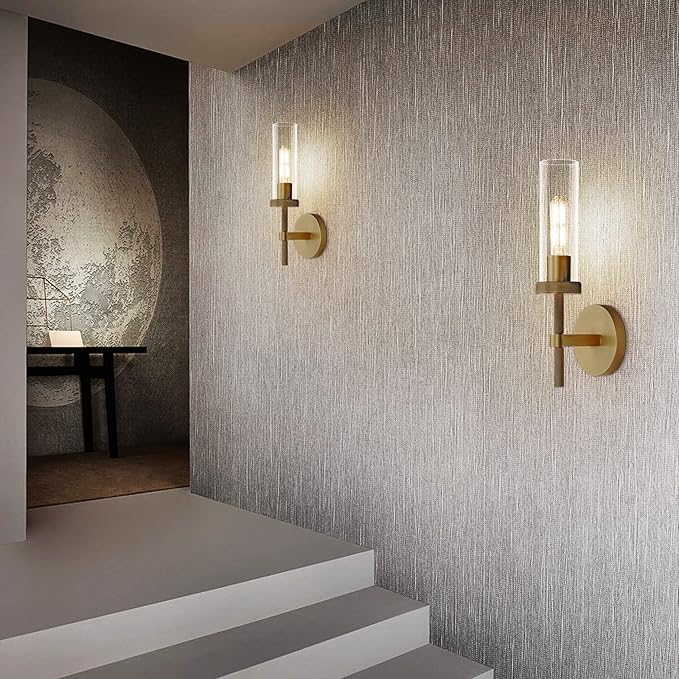 Knurled Wall Sconces Set of Two, Brass Wall Sconce Lights, 14" Gold Bathroom Wall Sconces, Glass Linear Sconce Wall Lighting, Vanity Lights Bathroom Light Fixture Wall Lights for Living Room