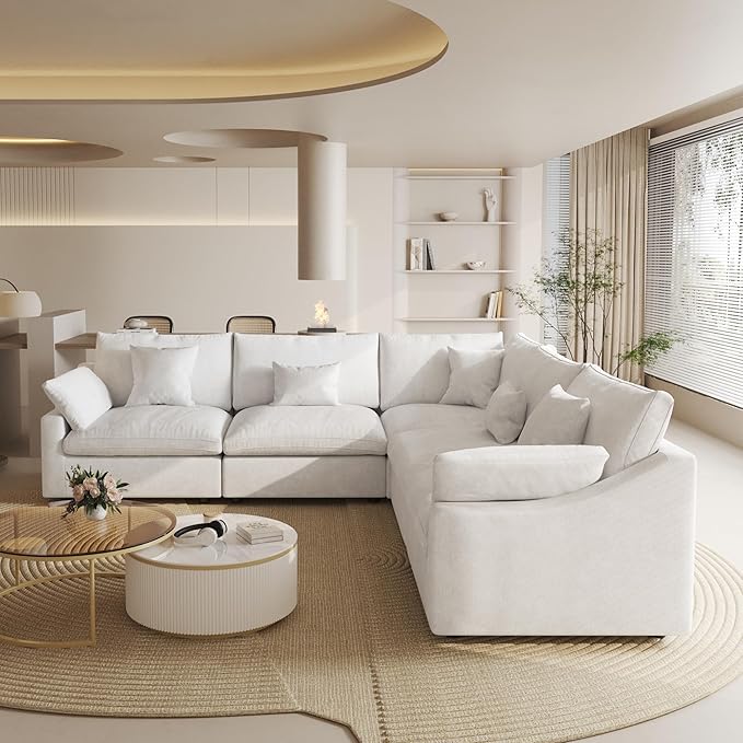Cloud Couch Modular Sectional Sofa,119inch V Shaped Sofa,Down Filled 5 Seater Convertible Living Room Sets,Cover Washable and Replaceable Couches for Living Room,White