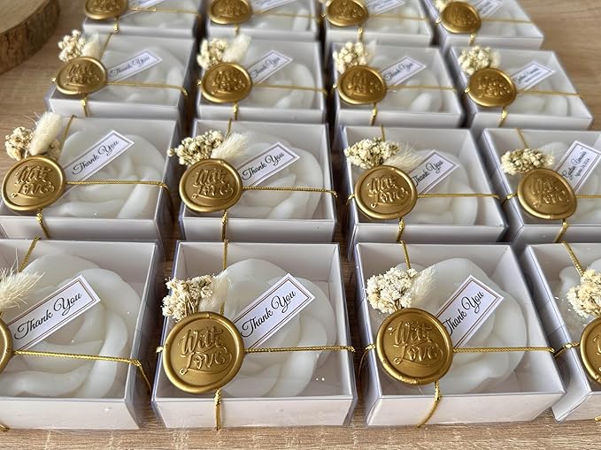 Handcrafted Rose Shaped Scented Soy Wax Candle Favors with Seal Wax and Dried Flowers - Personalized for Weddings, Bridal Showers, Baby Showers, Birthdays (10-20-30-40-50-100 PCS in Bulk)