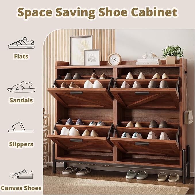 IRONCK Farmhouse Shoe Storage Cabinet with 4 Flip Drawers, Freestanding Shoe Organizer with Adjustable Shelf for Entryway, Narrow Shoe Rack Cabinet for Hallway, Living Room, Walnut