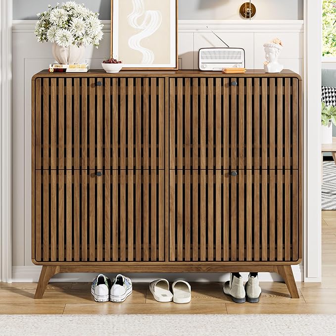 Large Shoe Cabinet for Entryway, Bamboo Narrow Shoe Cabinet Storage with 4 Flip Drawers, Slim Fluted Shoe Rack Organizer for Entry Way, Hallway, Thin, Skinny, Wood, Walnut