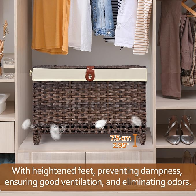 Wicker Storage Basket with Lid,Rattan Shelf Basket with Removable Liner Bag,105L Storage Bin,Storage Trunk with Heightened Feet,Storage Container for Wardrobe,Home Organizer