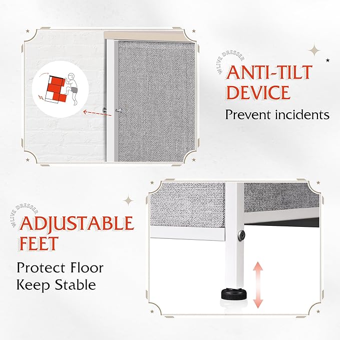 WLIVE Fabric Dresser for Bedroom with Open Shelves, Tall Dresser with 8 Drawers, Storage Tower with Fabric Bins, Chest of Drawers for Closet, Living Room, Hallway, Light Gray