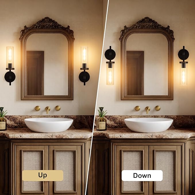 15" Knurled Brass Wall Sconce with Clear Glass Tube, Black Gold Bathroom Vanity Light Fixtures, Modern Lamp Lighting for Bedroom, Living Room, Hallway, Staircase, Mirror, Kitchen