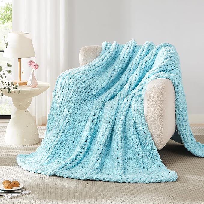 L'AGRATY Chenille Chunky Knit Blanket, Light Blue, 50x60, Heavyweight Throw Blanket for Home Decor