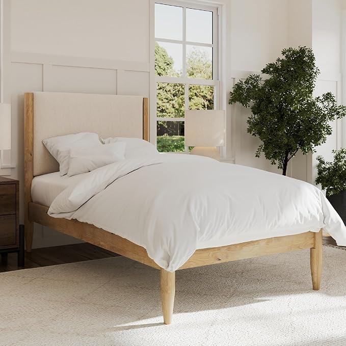 DG Casa Reign Boucle Mid-Century Modern Twin Size Wooden Platform Bed Frame - Upholstered in Taupe Boucle - Solid Wood with Natural Finish