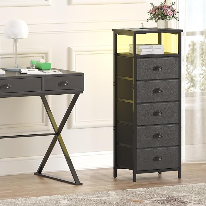 Nightstand with Charging Station,LED Black Nightstands with 5 Fabric Drawers PU Finish, Bedside End Tables, 2-Tier Open Storage Shelf Side Table Nightstand with Drawers for Bedroom, Black