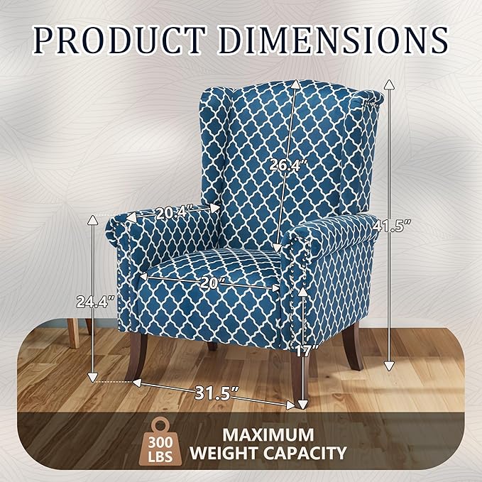 MOJAY Modern Accent Chair, Comfy Wingback Armchair Blue Plaid Club Chair with Wooden Legs for Living Room, Bedroom, Office, or Balcony