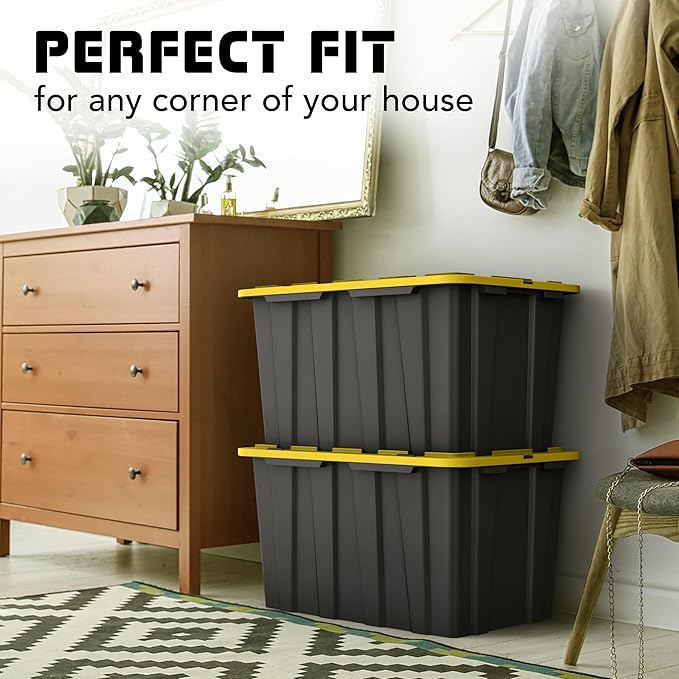 4 Pack of Large 17 Gallon Plastic Storage Bin Tote Organizing Container with Secure Latching Lids, Stackable, Extra Strength Clear with Built in Handle - Black and Yellow
