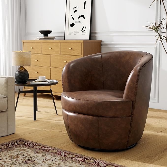 Swivel Barrel Chair, Modern Round PU Leather Accent Armchair for Living Room, Bedroom, Comfy Club Reading Chairs for Adults (Leather Coffee, Set of 2)