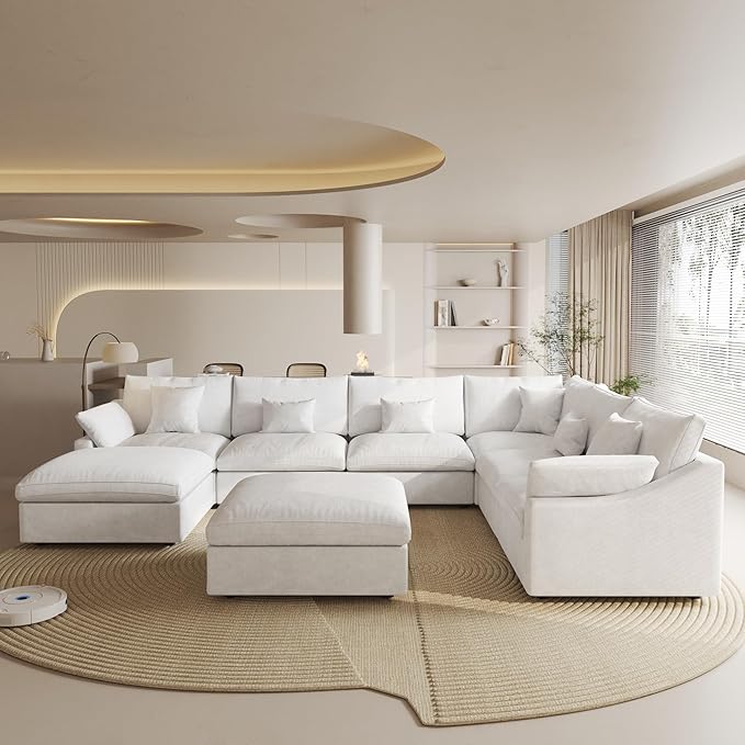 Cloud Modular Sectional Sofa, 160" U Shaped Modular Couch with Storage Ottoman, Down Filled Convertible Sofa,Wide 8 Seater Couch for Living Room, White