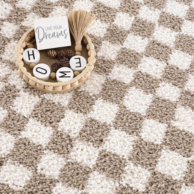 Hauteloom Kieu Contemporary Checkered Fluffy Shag Runner Rug - Modern Geometric Soft Carpet Tiles for Hallway, Kids Room, Nursery - Gray, Taupe, White - 2'7" x 7'3"
