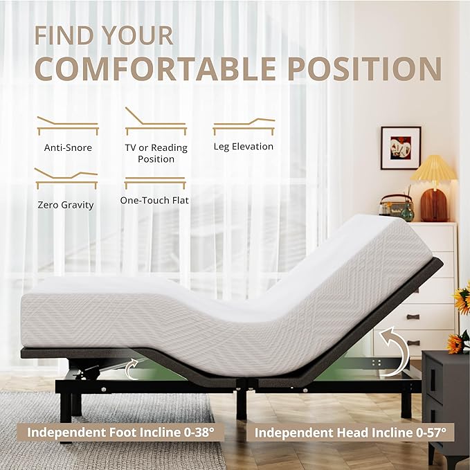 Twin XL Adjustable Bed Base Frame with Wireless Remote + 10 Inch Twin XL Green Tea Gel Memory Foam Mattress Bed in a Box, Head and Foot Incline, Zero Gravity, Fiberglass Free, 80" x 38"