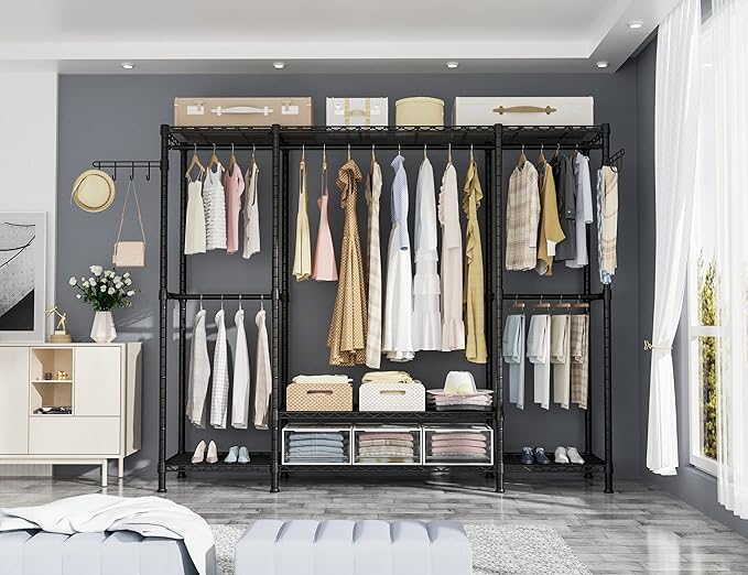 Ulif E3 Heavy Duty Garment Rack, 4 Tiers Freestanding Closet Organizer System with 5 Shelves, Metal Closet Organizer and Storage System for Clothes, Max Load 650lbs, 57.1"W x 14.5"D x 77.3"H, Black