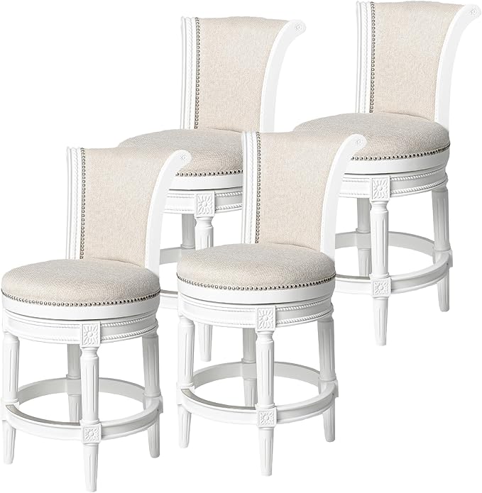 Maven Lane Pullman Counter Stool 26 Inches – Set of 4 – Swivel Stools with Footrest – White Solid Wood Frame & Natural Fabric Upholstery – Perfect for Kitchen Islands & Counters