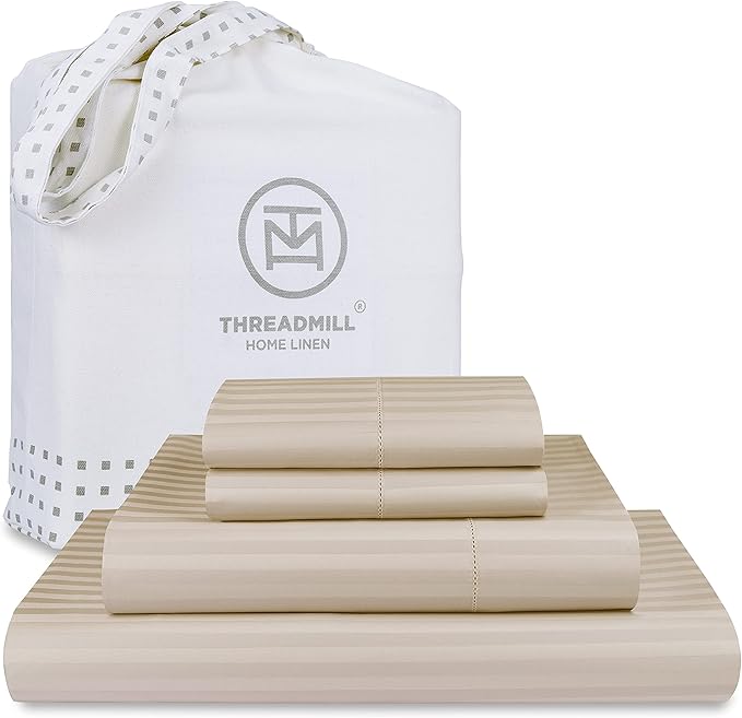 Threadmill 100% Cotton Sheets for King Size Bed - 600 Thread Count King Bed Sheets Set with 16” Deep Pocket - Damask Stripe Sateen Weave 4-Piece Bedding Set with Cooling Effect, Beige