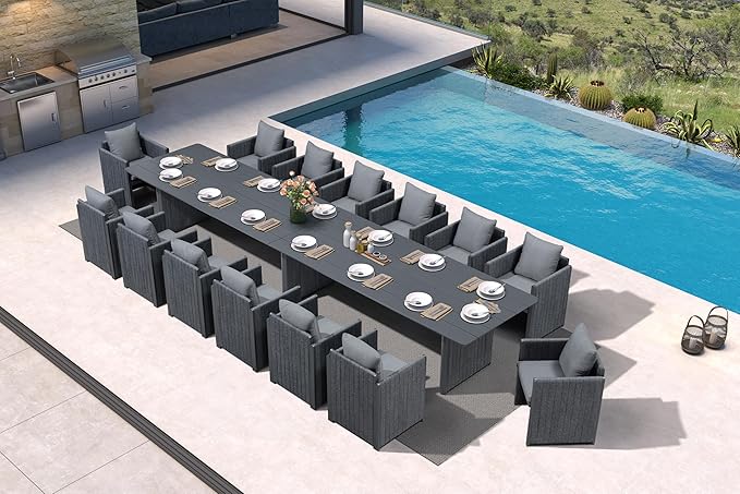 PURPLE LEAF 15 Pieces Outdoor Dining Table Set Modern Extra Large Weather-Resistant Conversation Set Pillows Included for Outdoor Garden Grey