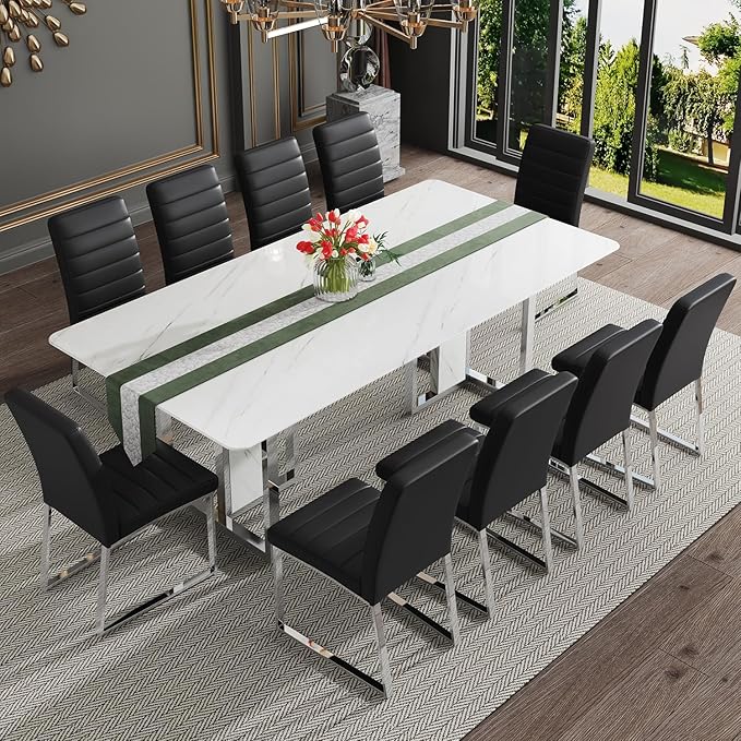 79'' Modern Dining Table Set for 10,White Kitchen Table Set,Luxury Dining Table Set with 1.8-inch Thick Faux Marble Table Top＆10 Pu Leather Upholstered Chairs Ideal for Dining kicken Room